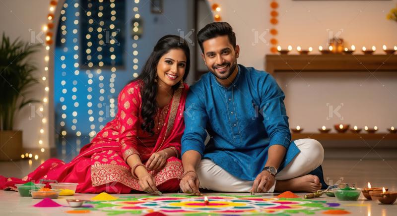 Young indian couple making rangoli together on diwali festival a