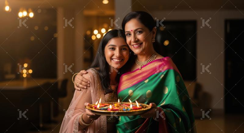 Happy indian mother and daughter celebrating diwali festival tog