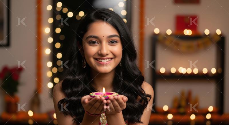 Young indian girl holding oil lamp celebrating diwali festival a