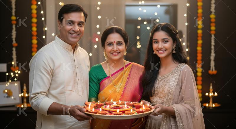 Happy indian family celebrating diwali festival together at home