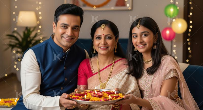 Happy indian family celebrating diwali festival together at home