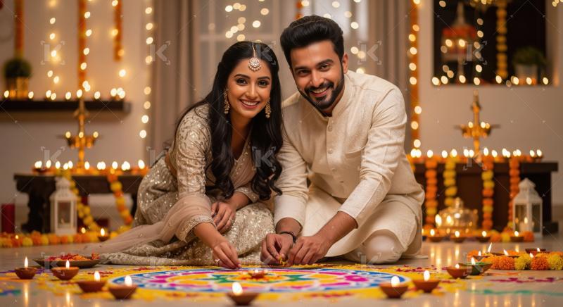 Young indian couple making rangoli together on diwali festival a