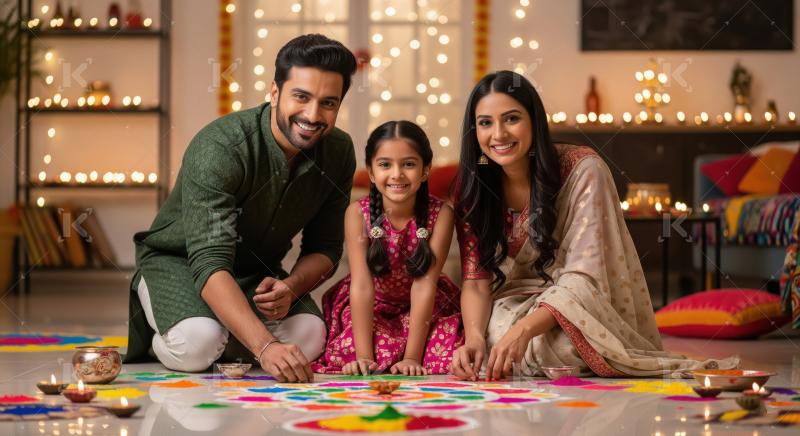 Happy indian family making rangoli together on diwali festival a