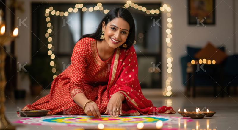Happy young indian girl making rangoli on diwali festival at hom