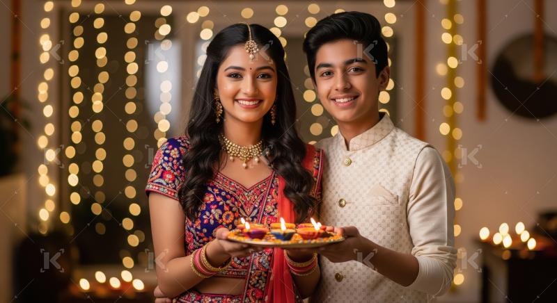 Happy indian brother and sister celebrating diwali festival toge