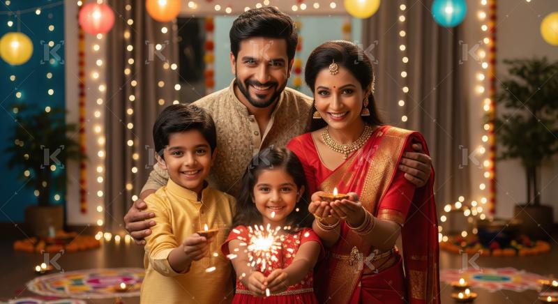 Happy indian family celebrating diwali festival together at home