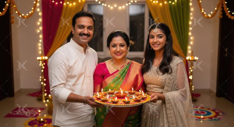 Happy indian family celebrating diwali festival together at home