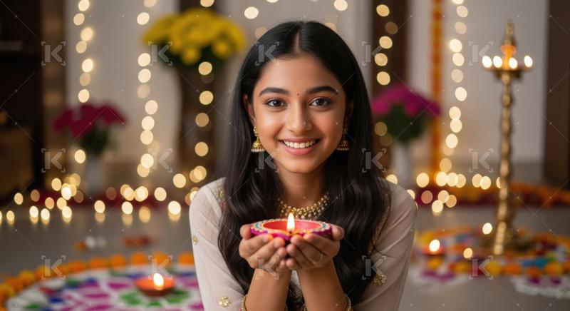 Young indian girl holding oil lamp celebrating diwali festival a