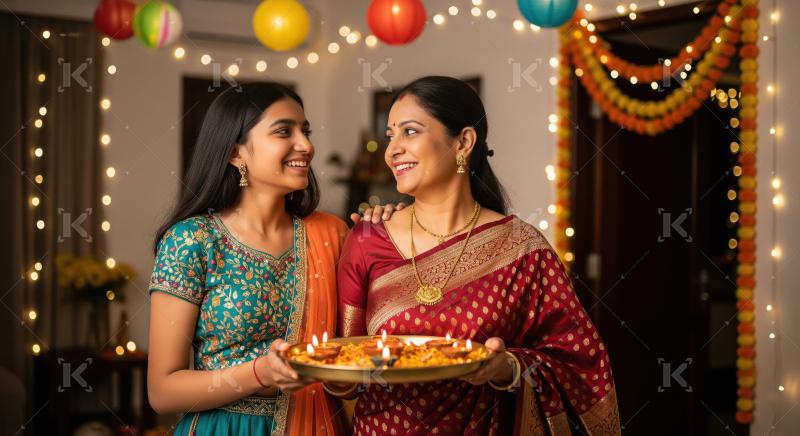 Happy indian mother and daughter celebrating diwali festival tog