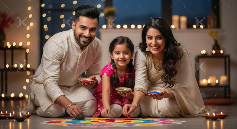 Happy indian family making rangoli together on diwali festival a