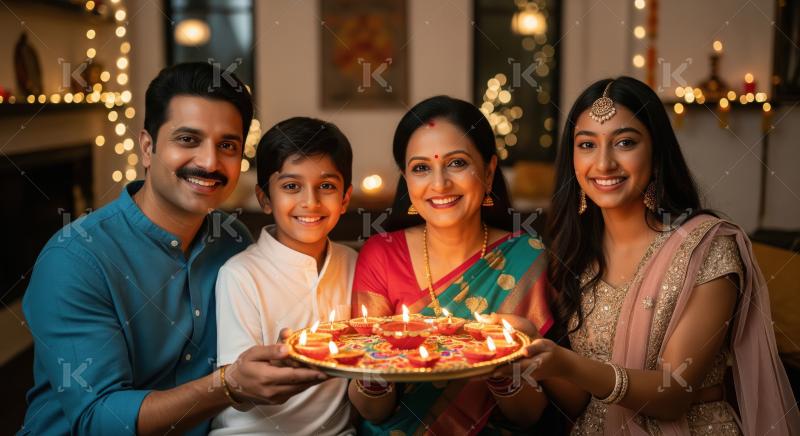 Happy indian family celebrating diwali festival together at home