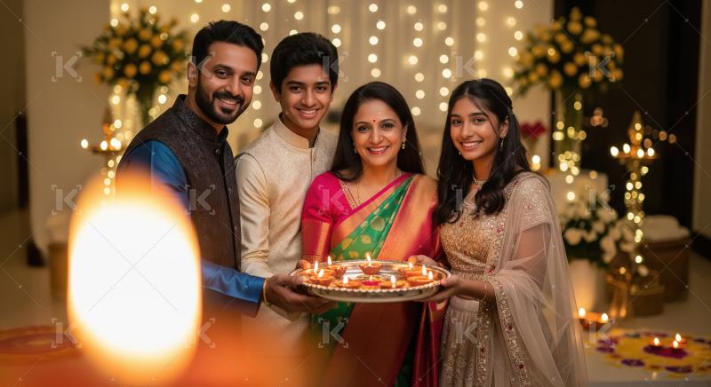 Happy indian family celebrating diwali festival together at home