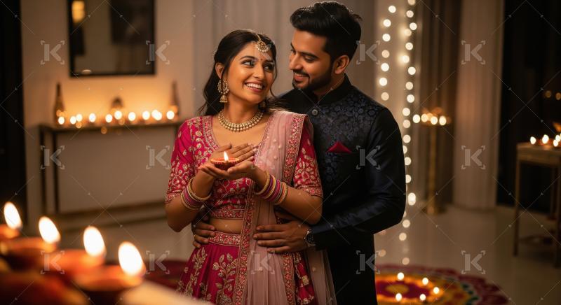 Young indian couple celebrating diwali festival together at home
