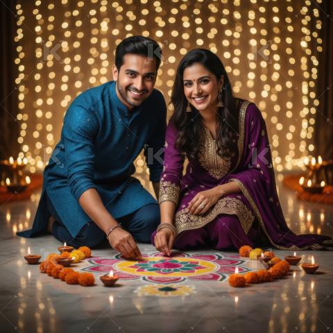 Young indian couple making rangoli together on diwali festival a