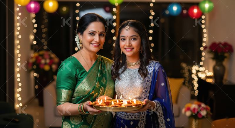 Happy indian mother and daughter celebrating diwali festival tog