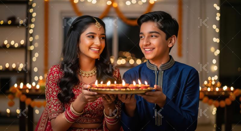 Happy indian brother and sister celebrating diwali festival toge