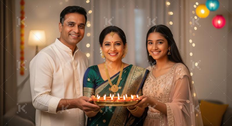 Happy indian family celebrating diwali festival together at home