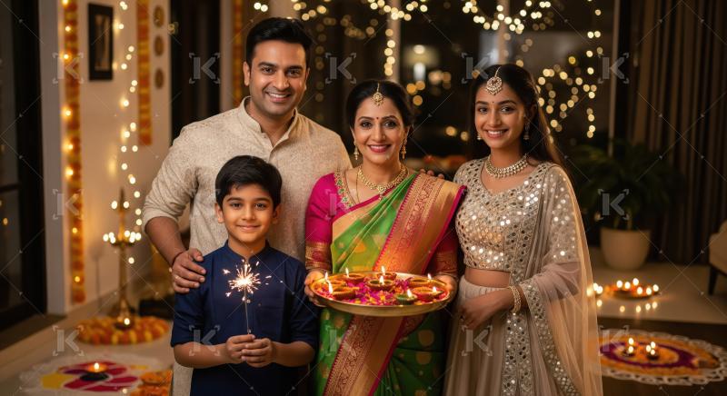 Happy indian family celebrating diwali festival together at home