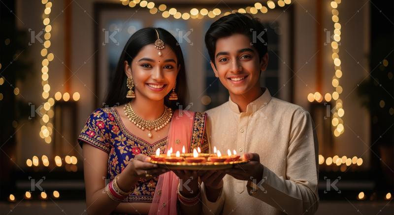 Happy indian brother and sister celebrating diwali festival toge
