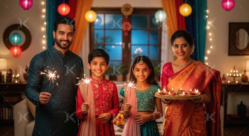 Happy indian family celebrating diwali festival together at home