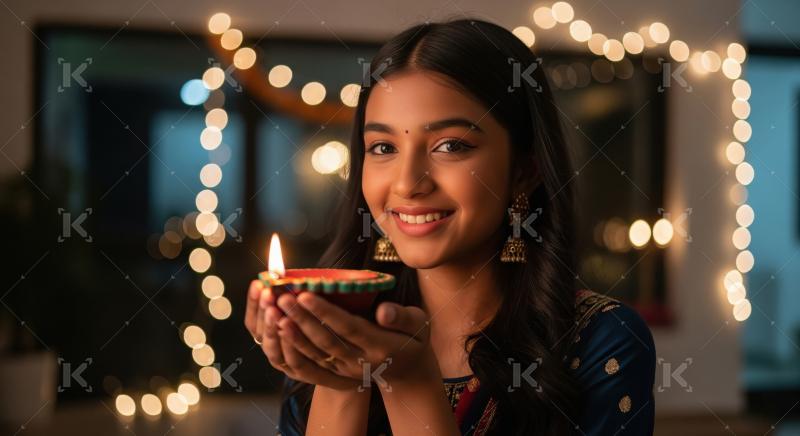 Young indian girl holding oil lamp celebrating diwali festival a