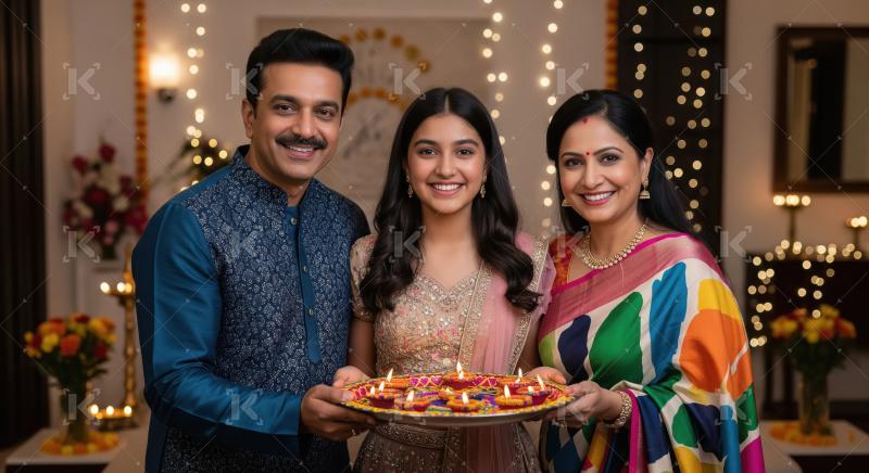 Happy indian family celebrating diwali festival together at home