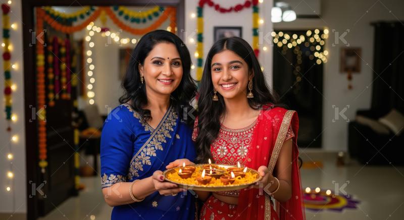 Happy indian mother and daughter celebrating diwali festival tog