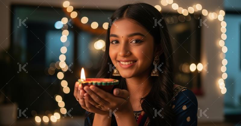 Young indian girl holding oil lamp celebrating diwali festival a