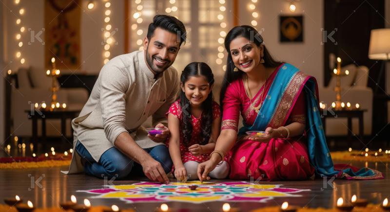 Happy indian family making rangoli together on diwali festival a