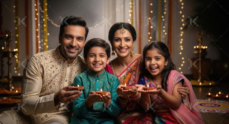 Happy indian family celebrating diwali festival together at home