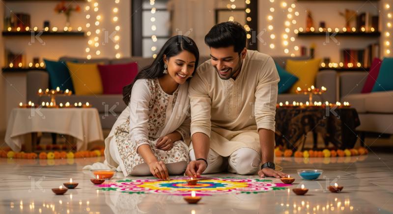 Young indian couple making rangoli together on diwali festival a