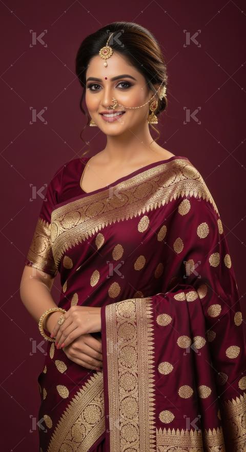 Young beautiful indian woman wearing traditional red sari on diw