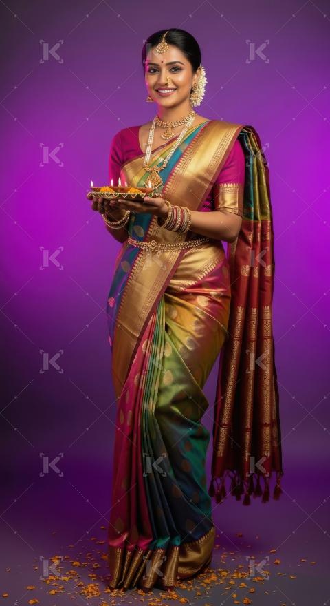 Young indian woman holding oil lamp on diwali festival at home