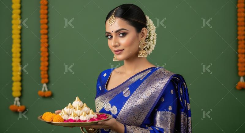 Young indian woman holding modak plate standing on green backgro