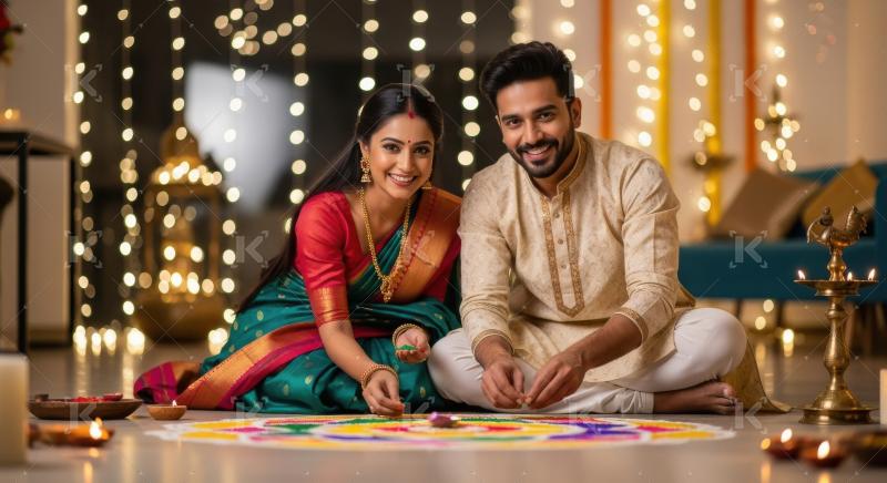 Young indian couple making rangoli together on diwali festival a