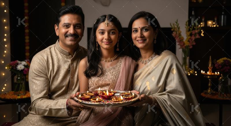 Happy indian people celebrating diwali festival together at home