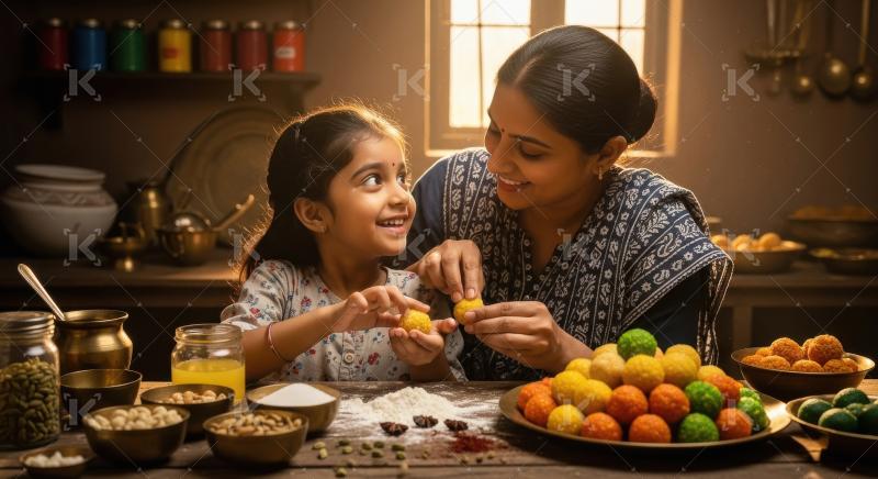 Happy indian mother and daughter making sweets together on diwal