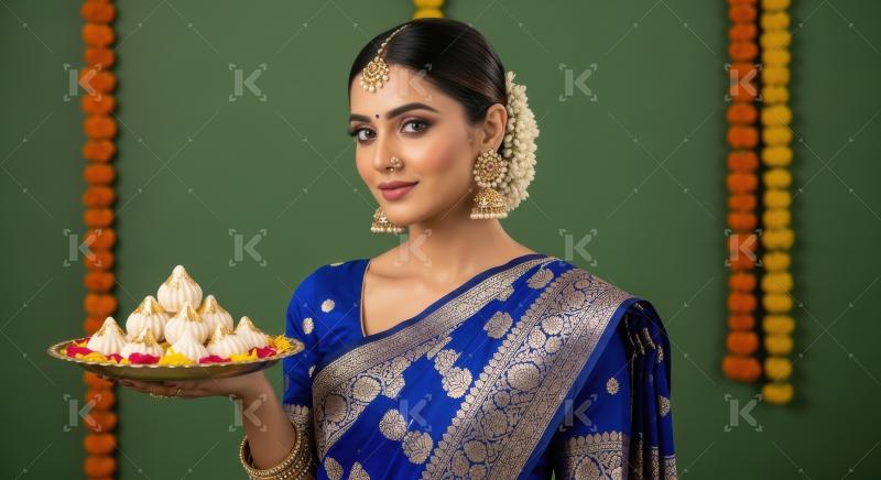 Young indian woman holding modak plate standing on green backgro