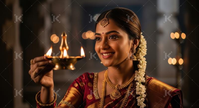 Young indian woman holding oil lamp on diwali festival at home