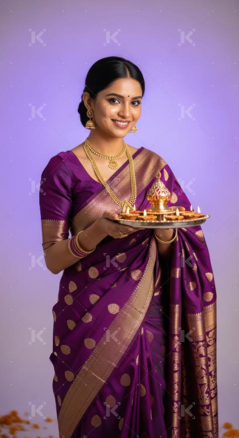 Young indian woman holding oil lamp on diwali festival at home
