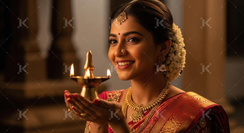 Young indian woman holding oil lamp on diwali festival at home