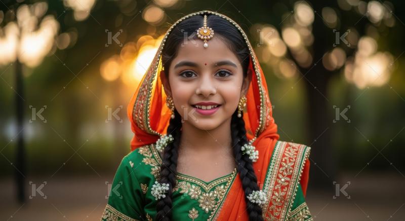 Happy indian little girl wearing traditional cloths on diwali fe