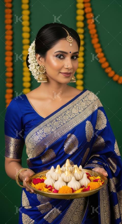 Young indian woman holding modak plate standing on green backgro