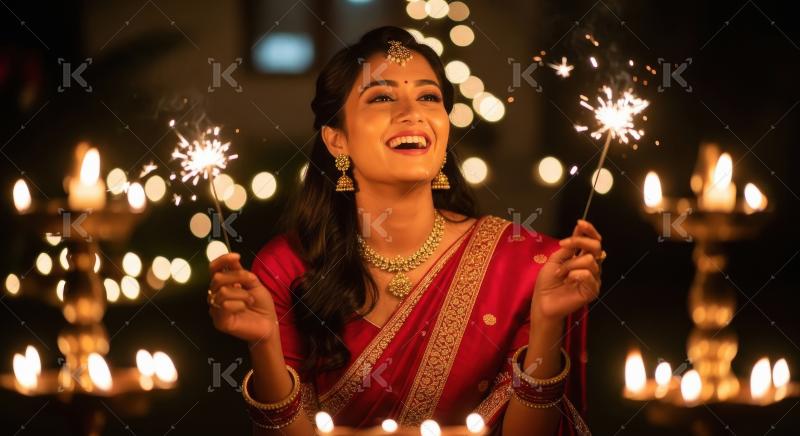 Young indian woman holding sparkler on diwali festival