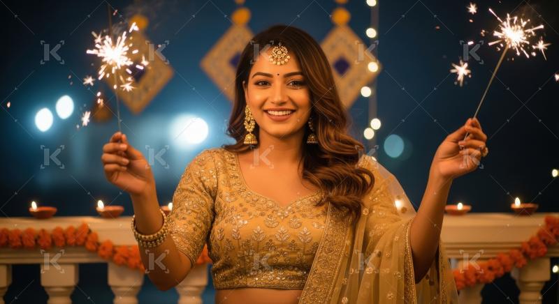 Young indian woman holding sparkler on diwali festival