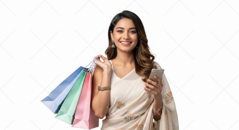Young indian woman holding shopping bags and smartphone standing