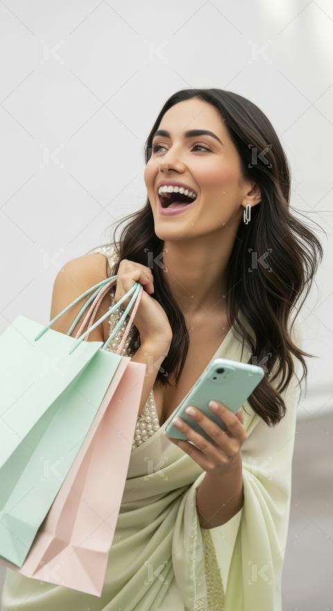 Young indian woman holding shopping bags and smartphone standing