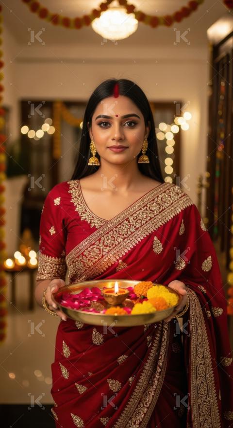 Young indian woman holding oil lamp plate on diwali festival at