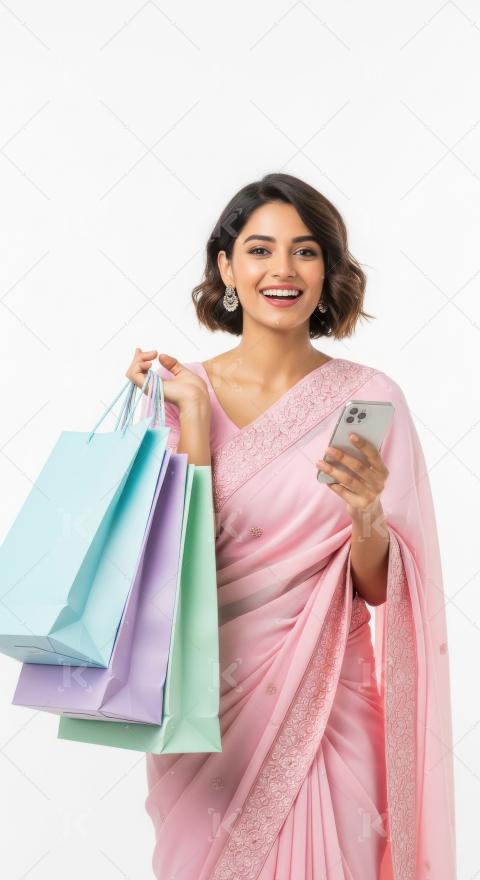Young indian woman holding shopping bags and smartphone standing