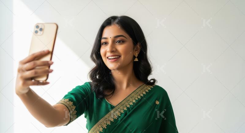 Young indian woman taking selfie with smartphone standing on whi